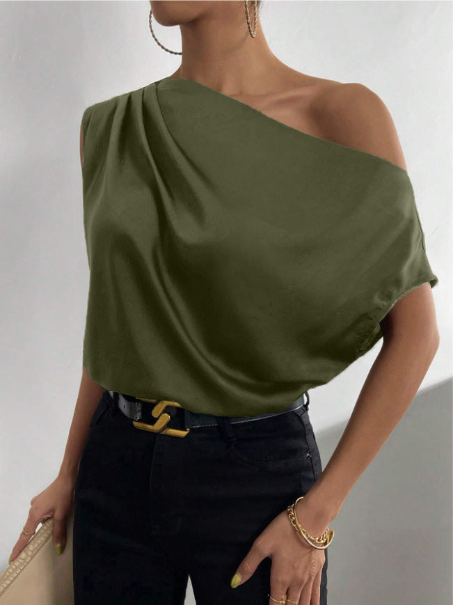 spring solid color satin faux silk asymmetrical one-shoulder off-the-shoulder sleeveless pullover blouse - european & american style women's clothing