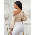 Women's printed one-shoulder top, cinched waist puff sleeve cropped crop top, perfect for dates, commuting, and everyday casual wear