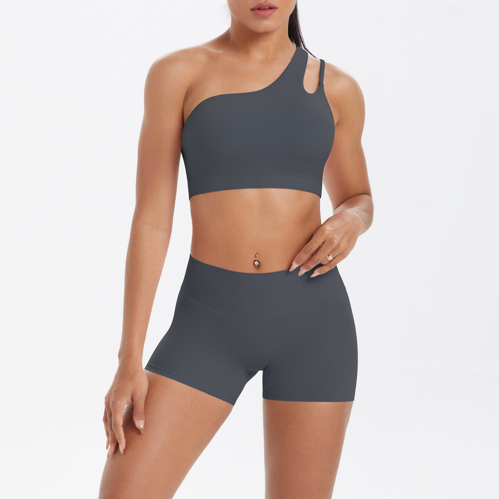 New arrival cross-border fashion double-sided nylon brushed single-shoulder yoga suit sports running fitness two-piece set for women