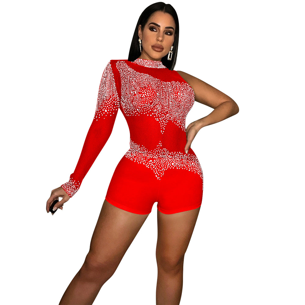 C5841 cross-border new arrival:  fashionable european and american sexy bodycon nightclub one-sleeve mesh see-through jumpsuit for women