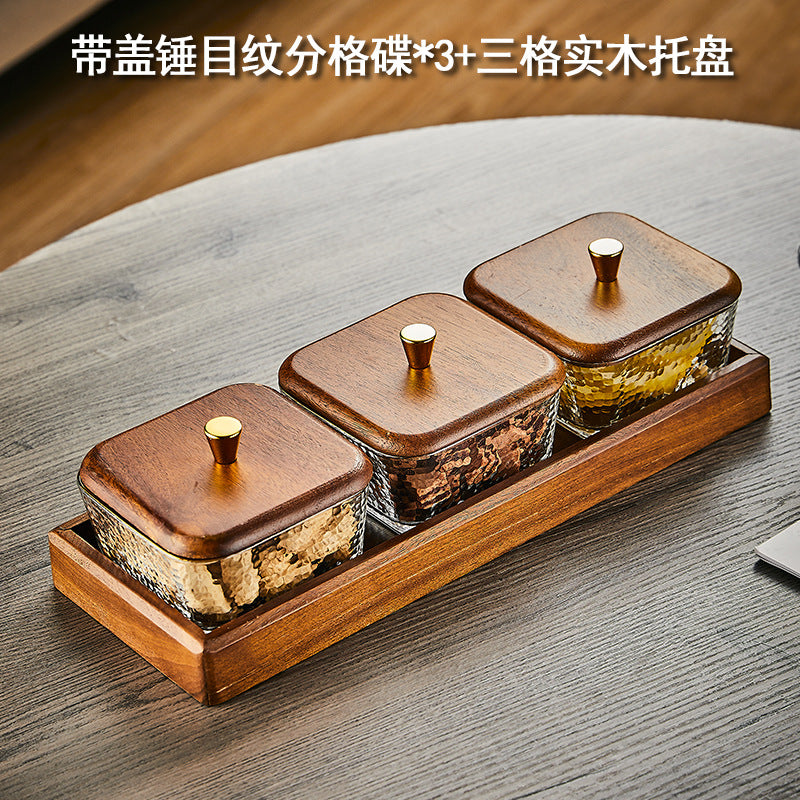 Walnut wood fruit bowl snack storage box - premium glass dried fruit dish - coffee table dessert & candy organizer