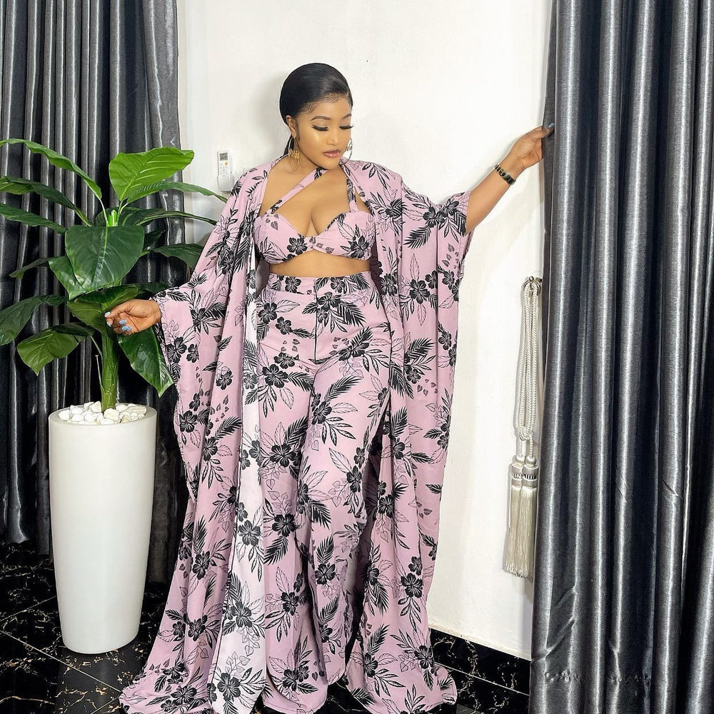 Fashionable digital print loose robe with wide-leg pants, bra, and headscarf 4-piece set - african women's clearance