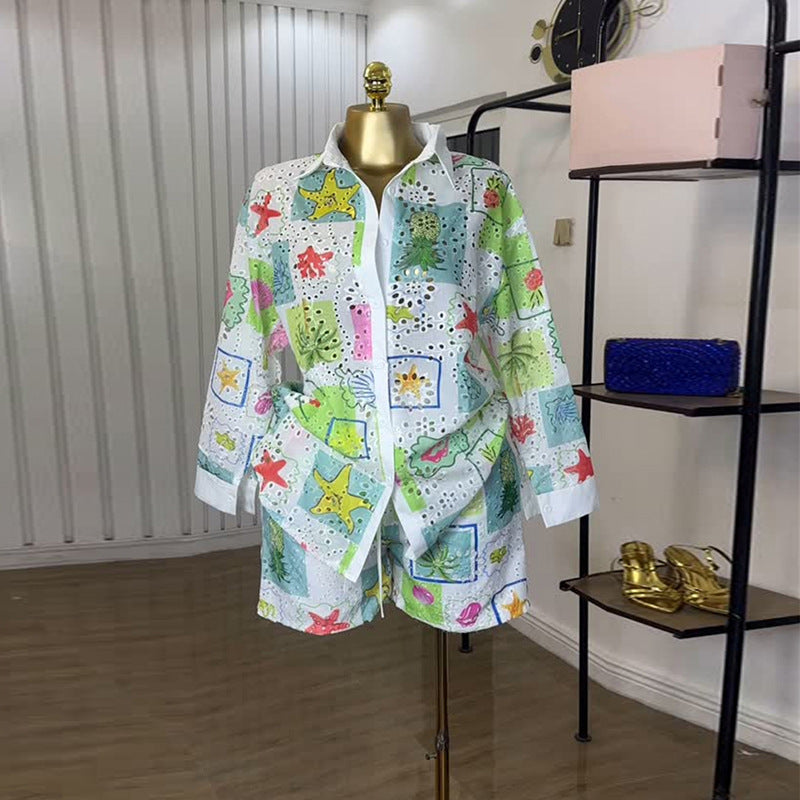 European and american cross-border women's fashion:  summer new collection - stylish printed, cutout, turn-down collar, long-sleeve shirt and shorts casual set