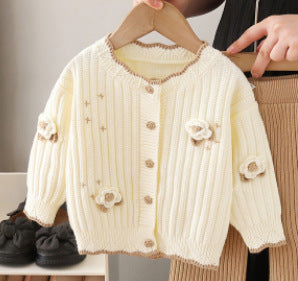 Girls' knit sweater jacket & pants set - new  collection with handmade floral accents