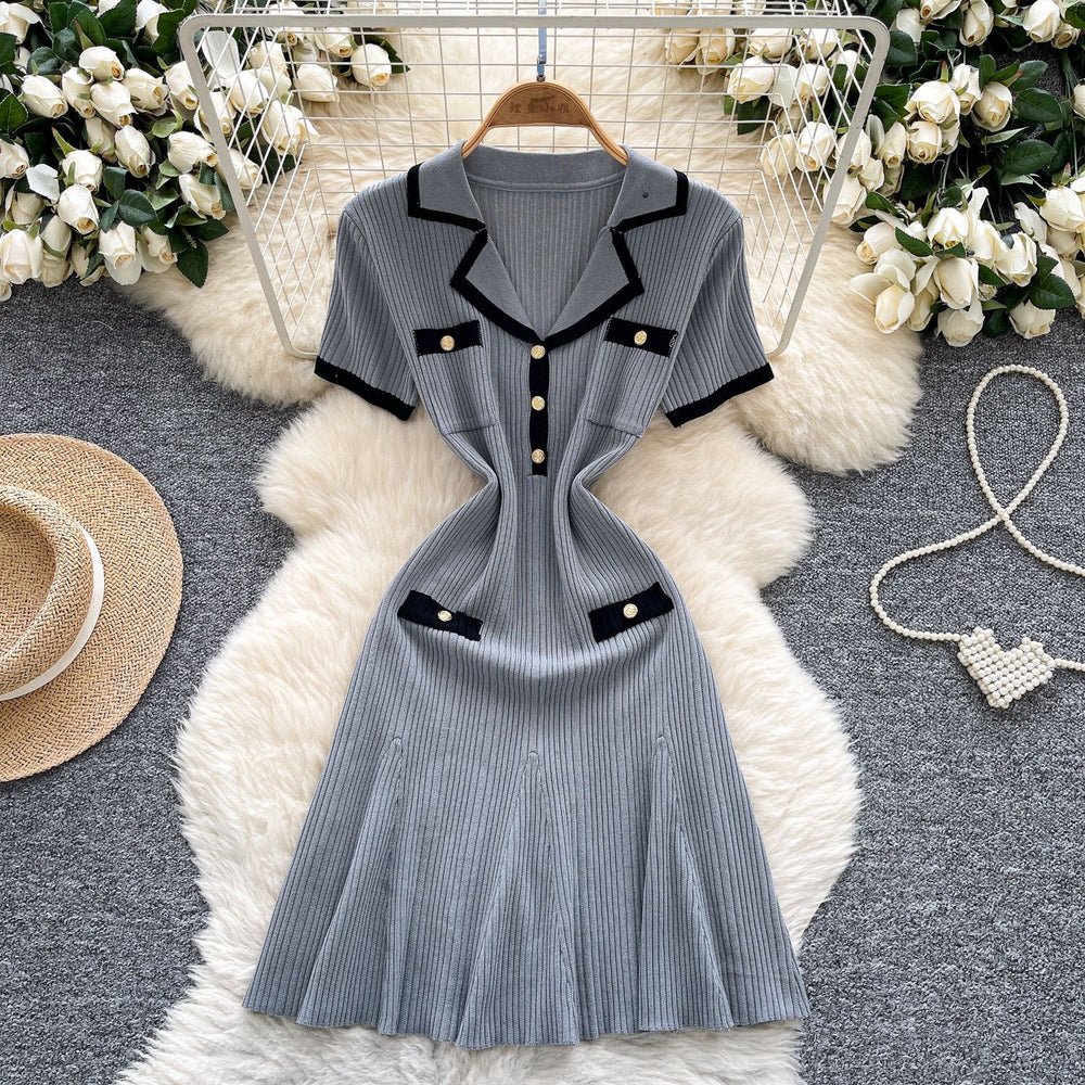 French chic chanel-inspired color block knit dress with peter pan collar, metal buckle waist, and slimming fit