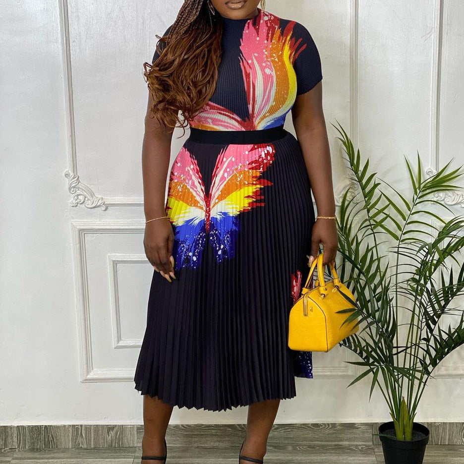Q067 european and american style women's clothing  new fashion printed top and pleated high-waisted midi skirt two-piece set for export