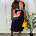 Q067 european and american style women's clothing  new fashion printed top and pleated high-waisted midi skirt two-piece set for export