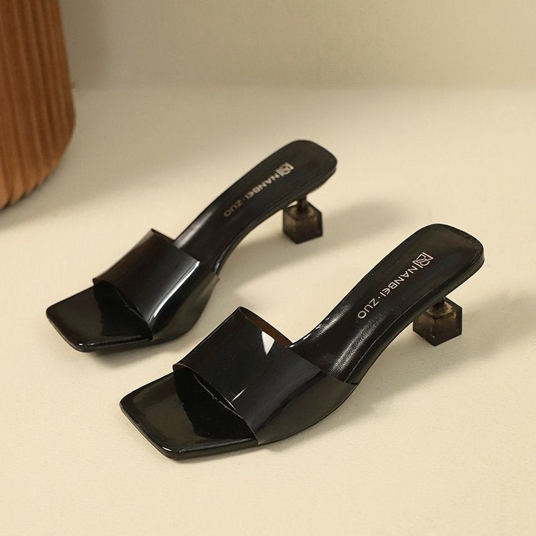 Exportplus sizefrench crystal stiletto square toe one-strap slippers women's outwearnew arrival high-heeled transparent sandals women's slippers