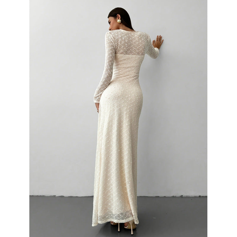 Aliexpress 1688 independent station women's elegant square neck jacquard knitted long sleeve dress gown