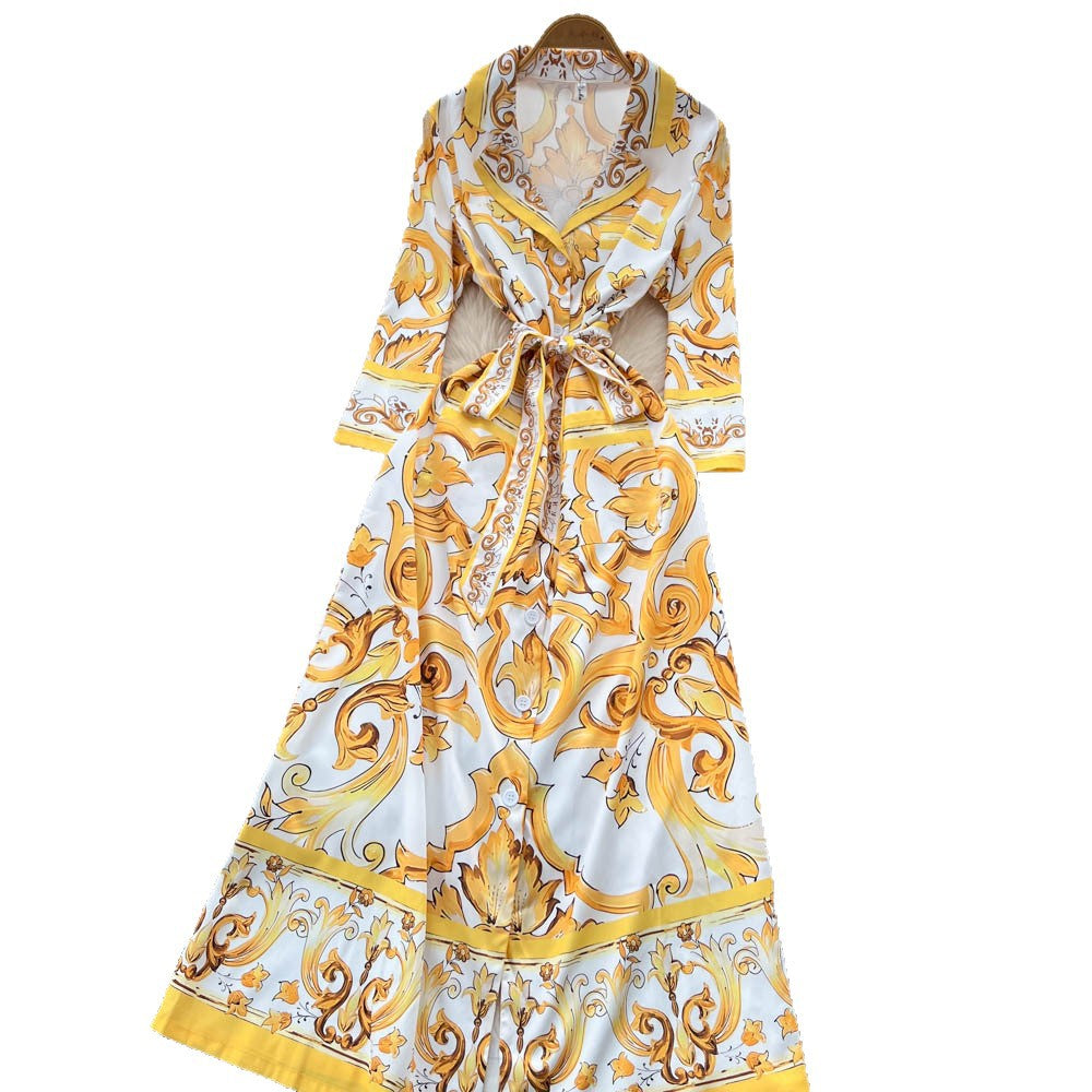 European and american retro court style chic blazer collar long sleeve tie-waist printed dress - women's french elegant maxi dress