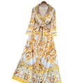European and american retro court style chic blazer collar long sleeve tie-waist printed dress - women's french elegant maxi dress