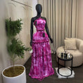 European and american cross-border women's fashion:  summer new collection - sweet halter neck printed top with ruffled hem midi skirt set