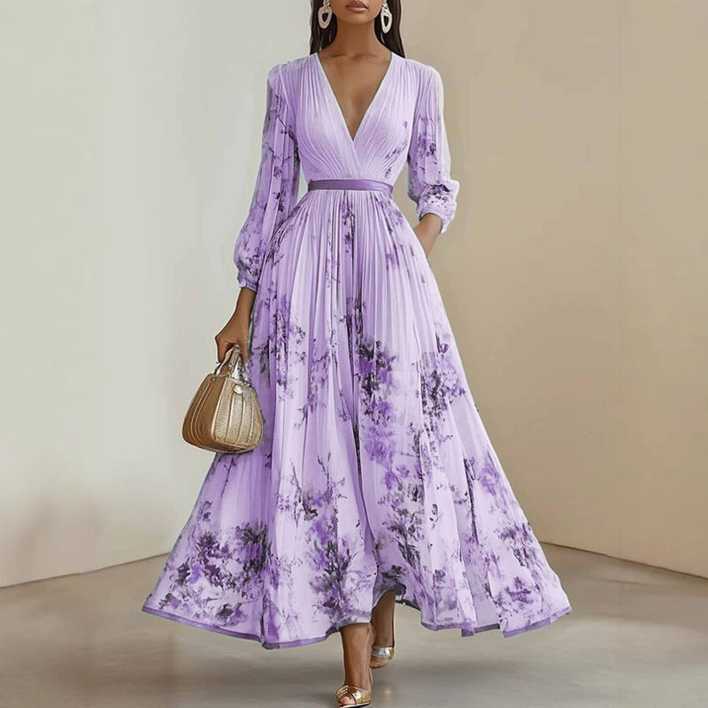 women's summer new arrivals:  cross-border fashion - elegant v-neck printed waist-cinching dress (us/eu style)