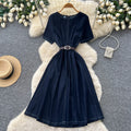 Korean style commute denim short-sleeve dress -  summer, elegant, versatile, high-waisted, cinched waist a-line skirt