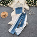 Hong kong style retropatchwork denim lazy two-piece set for women summerslimming lookhigh waistloose pantswork clothingelegantsuit