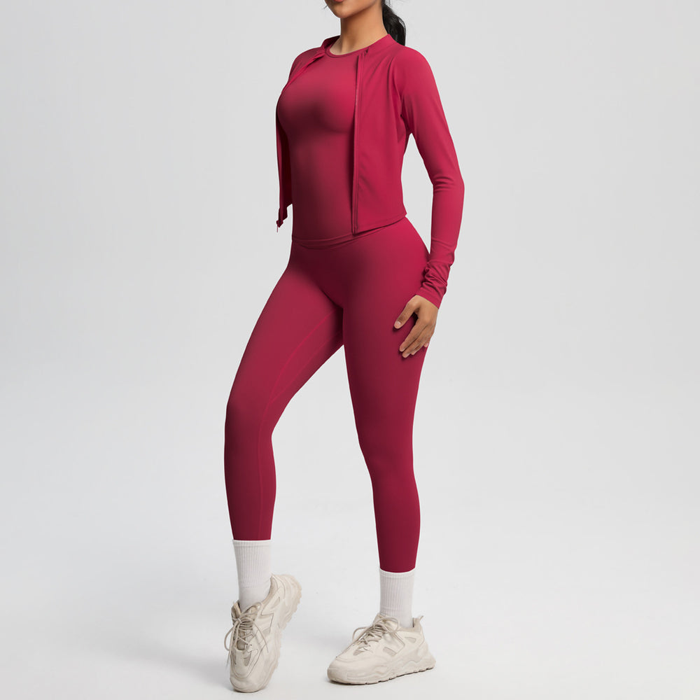 Ready-to-ship cross-border brushed microfiber seamless breathable compression short-sleeve three-piece activewear set for women - perfect for running, fitness, and yoga