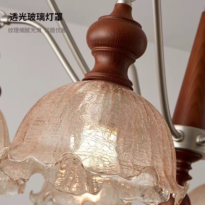 Walnut bedroom dining room light medieval living room Nanyang style French retro ice cracked glass multi-head chandelier