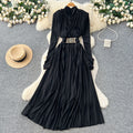 high-end v neck pleated long sleeves waist dress women's slimming look a-line long skirt work clothingelegant large swing long skirt