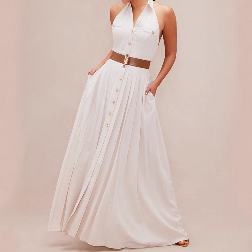 european and american export women's artistic sleeveless single-breasted backless socialite fashion dress