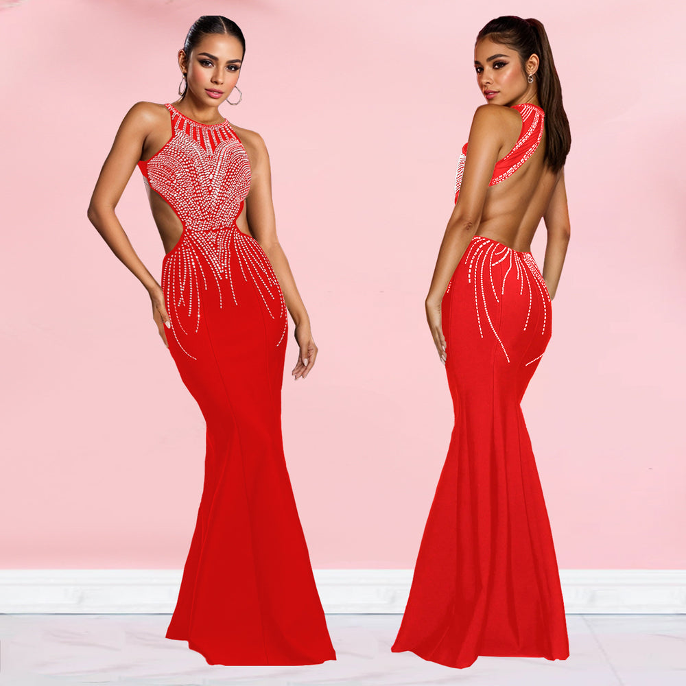 C7122 cross-border   fashionable women's bodycon mermaid rhinestone backless dress