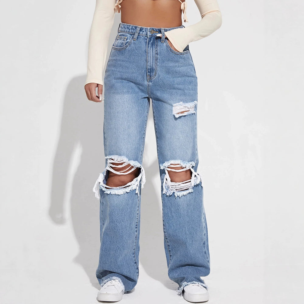 Fashion cross-border hot girl style big hole wide leg jeans women's light blue washed loosestraight-legmoppants