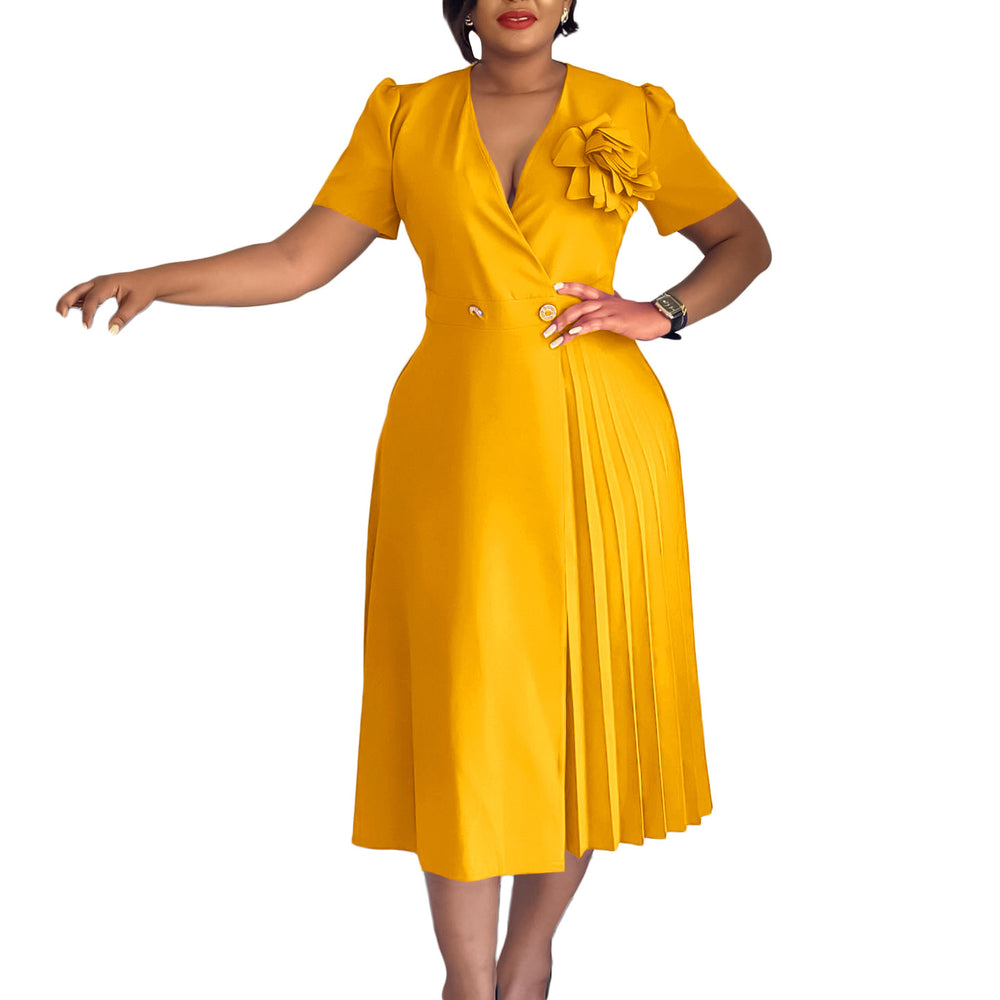 C8628 women's foreign trade summer  v-neck fashion short sleeve solid color elegant pleated african european and american style dress