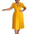 C8628 women's foreign trade summer  v-neck fashion short sleeve solid color elegant pleated african european and american style dress