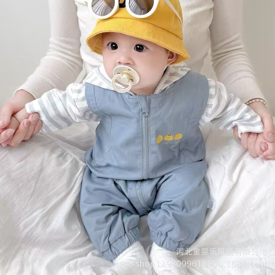 Infant and toddler two-piece overalls set, autumn wear, unisex baby hooded striped shirt and casual overalls jumpsuit