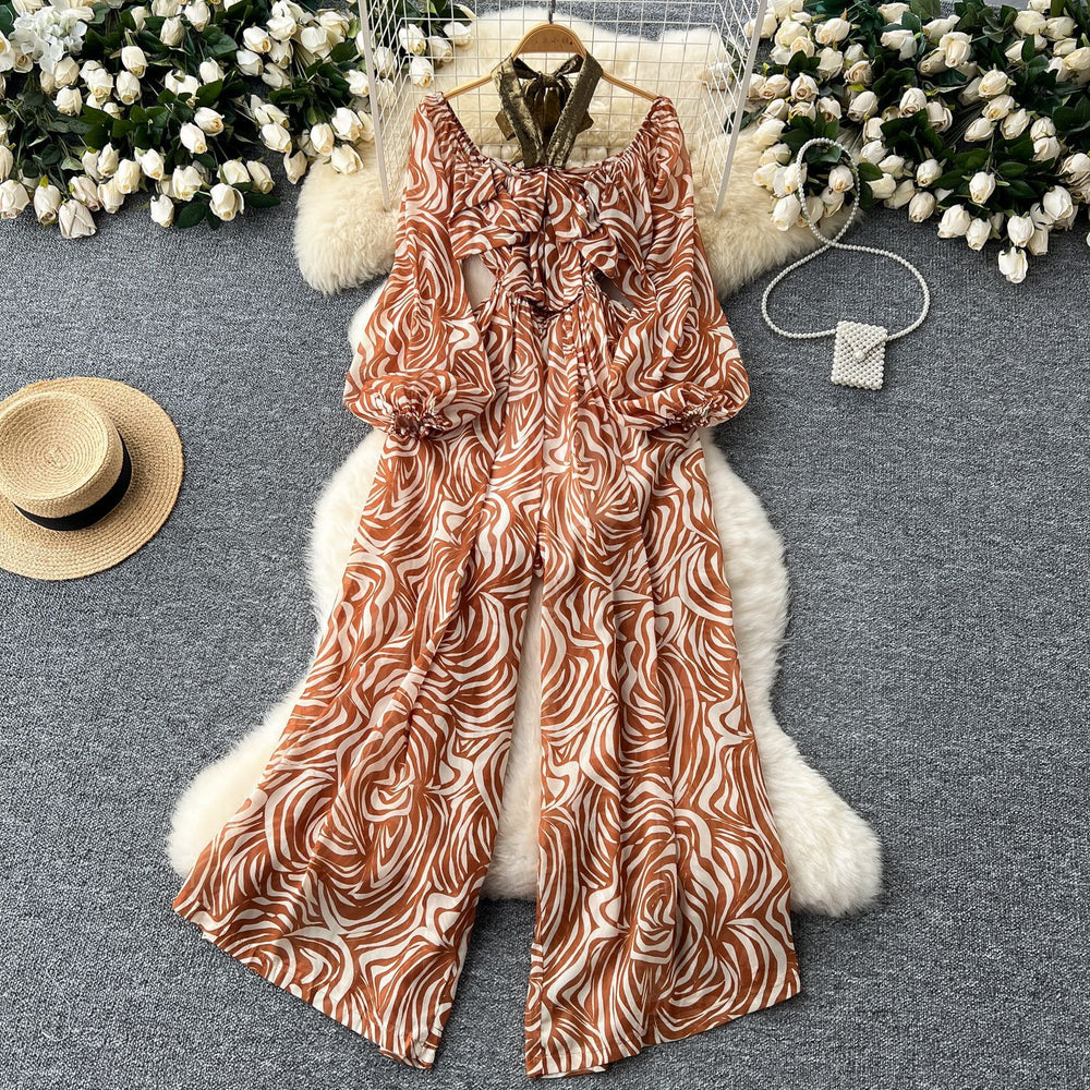 Women's beach pants  new style vacation sexy one shoulder halter lantern long sleeves high waist wide leg printing jumpsuit