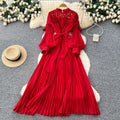 Elegant red lace pleated dress - women's unique tie-waist a-line maxi dress for work and everyday style