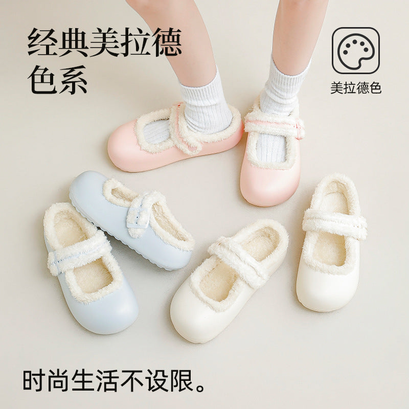 Fleece-lined beanie shoes for women winter 2026 new arrivalthick sole mary jane fur shoes outwear flats slip-on cotton shoes for women