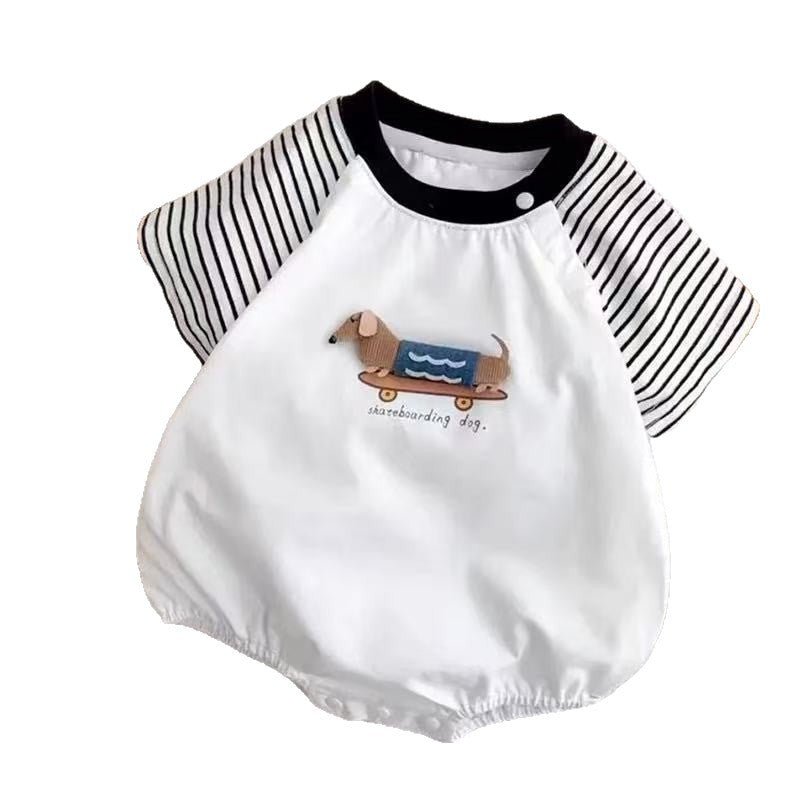 Summer jumpsuit short-sleeved stripes baby clothes full moon style khaki cartoon outing triangle bag butt clothes crawling suit