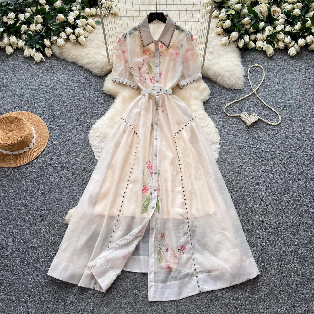 Elegant bubble sleeve floral embroidered dress - women's summer korean style a-line dress with cinched waist - soft & chic for work or play