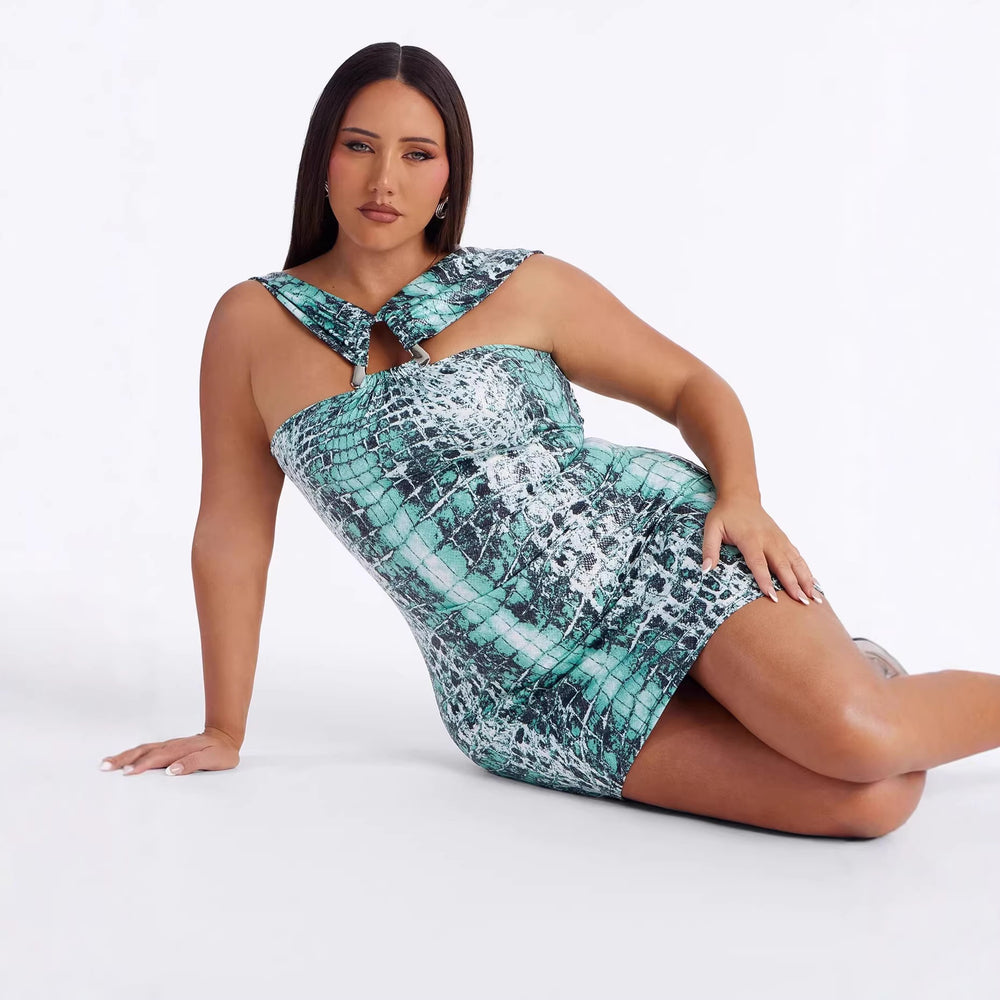 New arrivalexportfashionhalter animal print metal buckle silmsexy hip-covering backlessdress leopard print