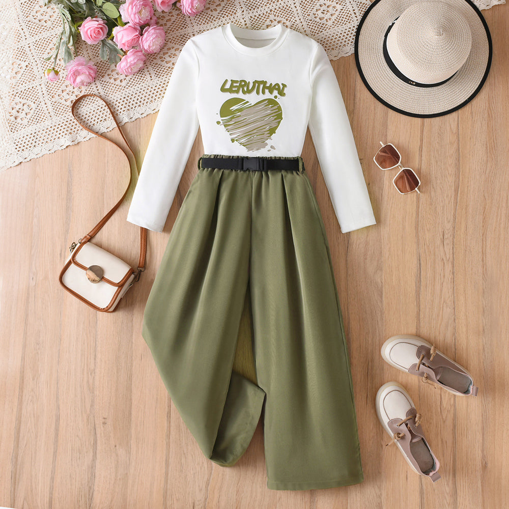 girls' two-piece set: military green cargo pants with a straight leg, and a long-sleeved autumn outfit for kids featuring a heart and letter print