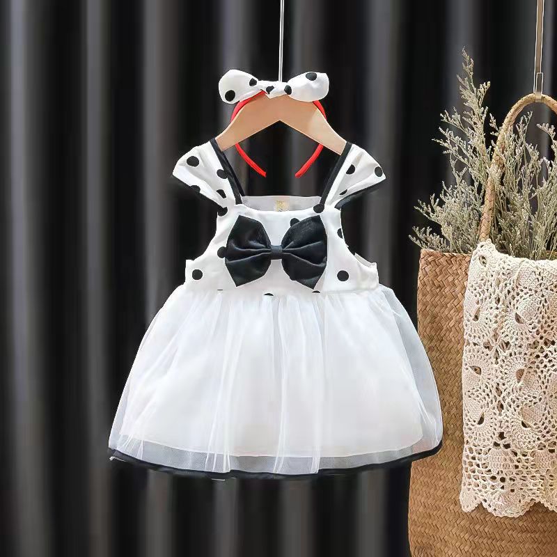 summer new girls' princess dress - stylish children's formal dress, polka dot sundress with hair clip
