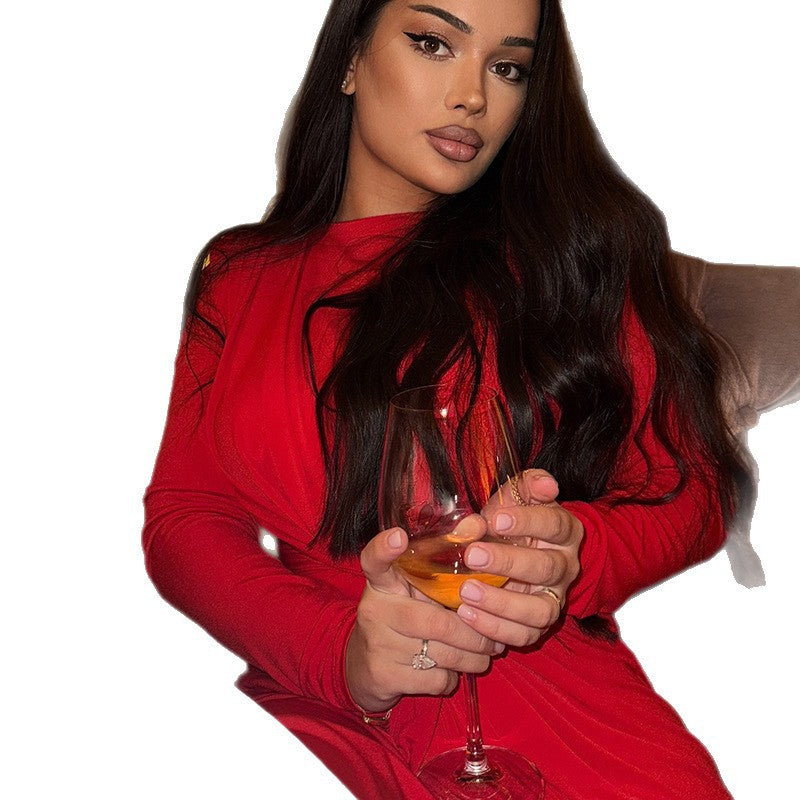 Fashion style cross-border pure color pleated silm curve slimming look hip skirt round neck long sleeves elegant women's tight dress