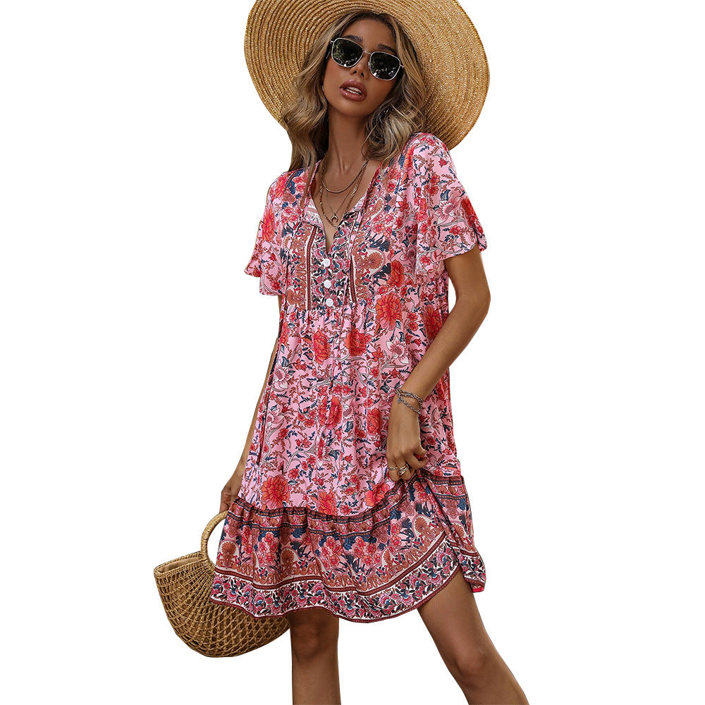 women's floral print v-neck loose fit casual bohemian vacation dress - plus size high-end women's apparel