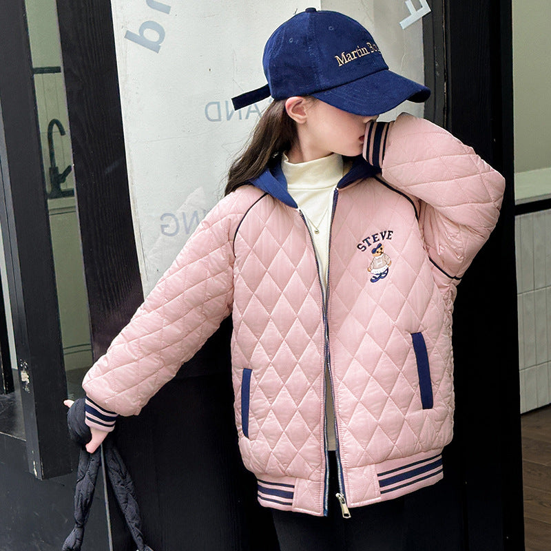 Girls' cotton-padded jacket, new  collection, autumn/winter outerwear for mid-to-large children, fleece-lined and extra thick, stylish and trendy, warm top for girls