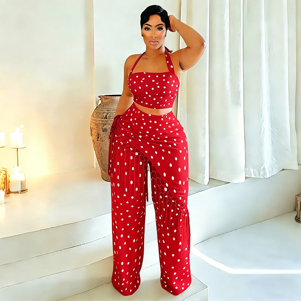 C7695 cross-border   fashion women's casual thin tassel polka dot wide-leg pants set