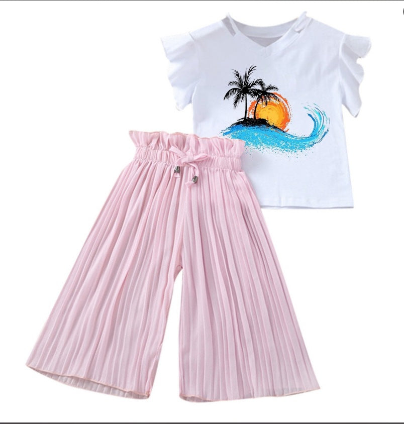 summer new arrivals: girls' letter print flutter sleeve top & wide-leg pants two-piece set (sizes 4-14y)