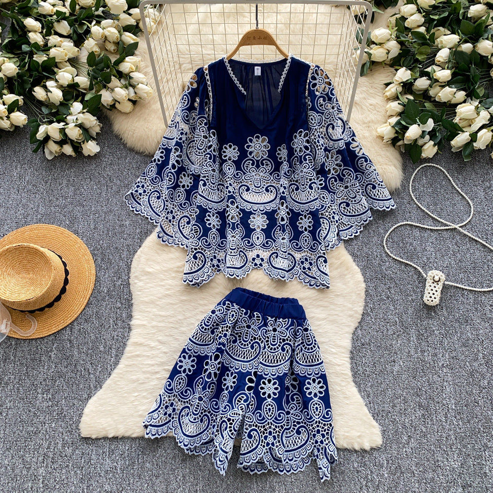 Frenchretrocut outlaceeleganttwo-piece set women's summercut outlazyslimming lookhigh waistsuitwork clothing style