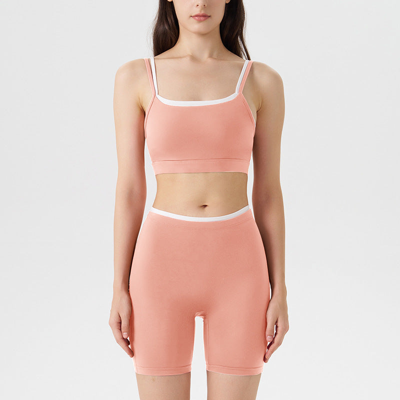 new arrivalfake two-piececontrast color white striped suspender running sports intimates bra three-quarter shorts yoga suit