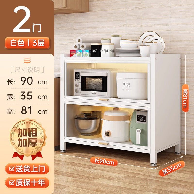 Multifunctional kitchen storage rack with cabinet doors, floor-standing, multi-tier, dustproof storage cabinet for microwave, pots, pans, and bowls
