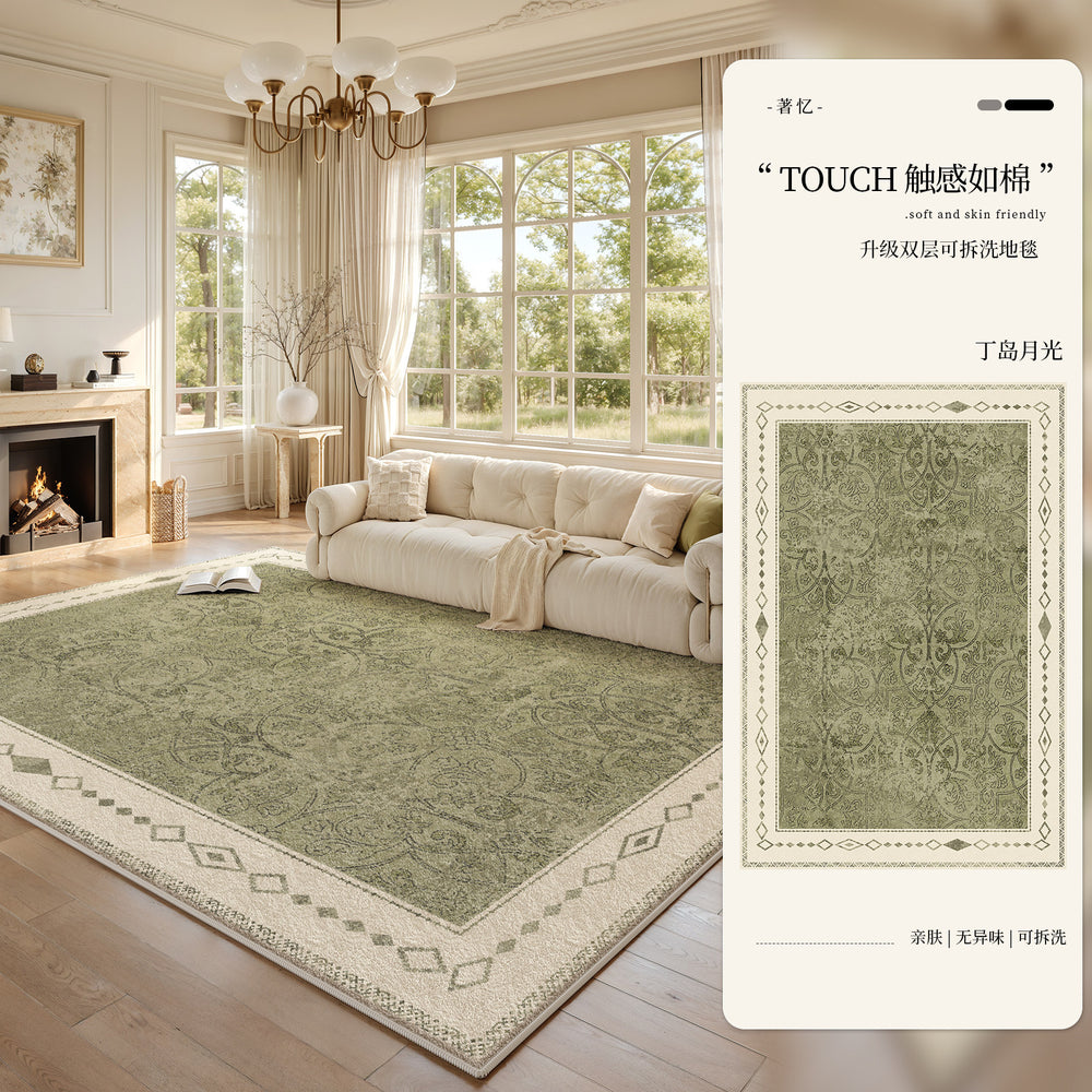 Removable and washable carpet for living room and bedroom, green retro medieval style, machine washable, double layer classy soundproof floor mat for home use