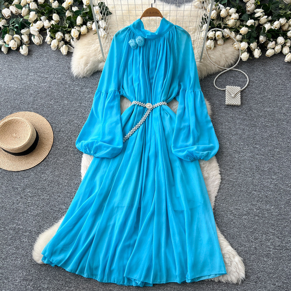 French heavy industry lantern sleeve silm dress for women k-style purple tie back waist a-line long skirt work clothingelegant