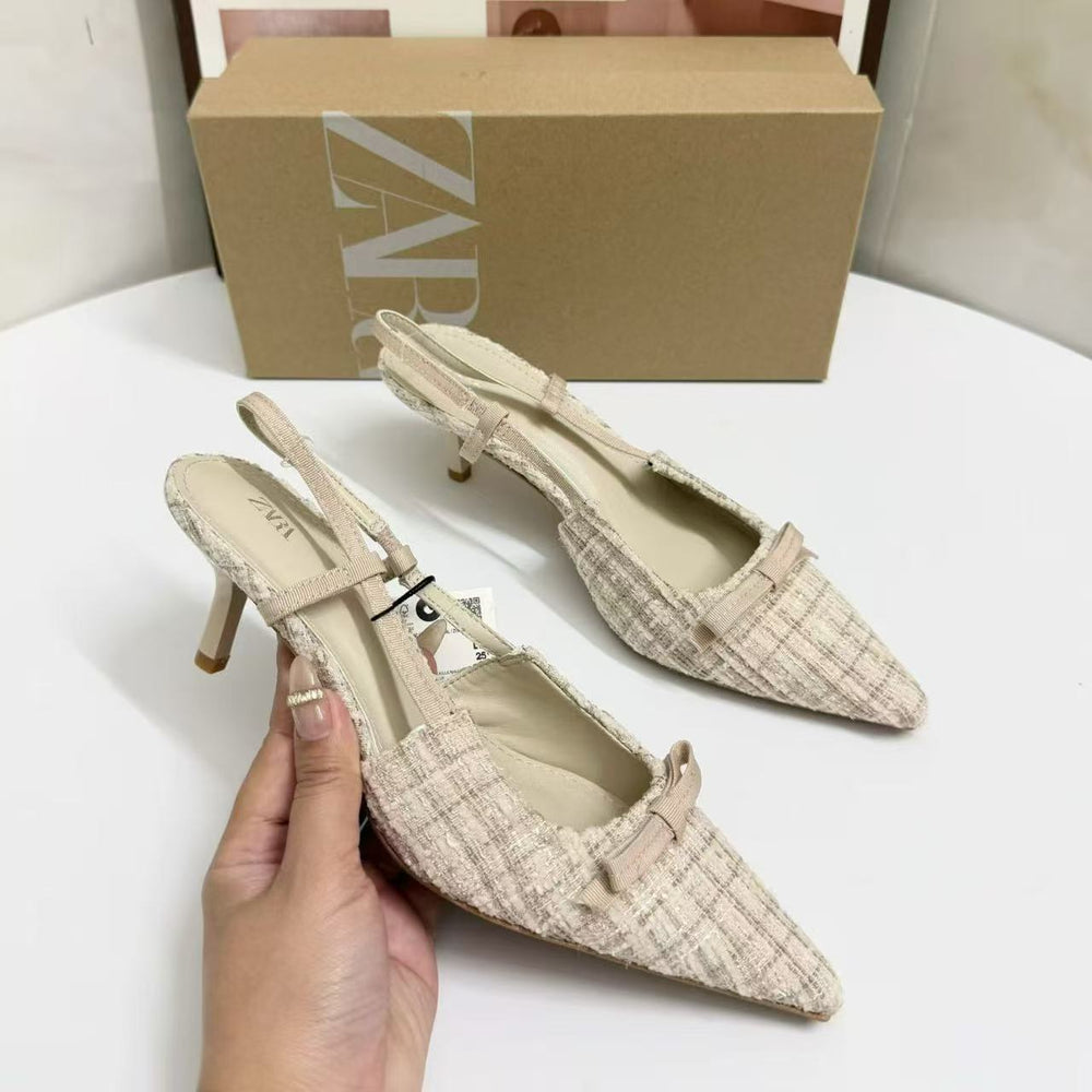 Za2026springnew arrival women's shoes french tweed style high heels women's toe sandals pointed toe socialite elegantflats
