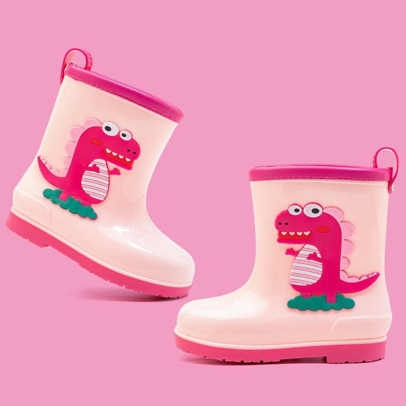Kids' fashion waterproof warm rain boots - cute cartoon dinosaur design, non-slip, drawstring closure, all-season rain boots for boys and girls