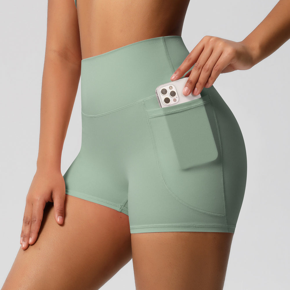 fashion brushed pure colorflap pocket pants high waist tight high elastic yoga shorts sports running fitness three-quarter pants for women