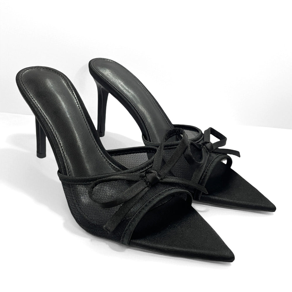 2026 summer breathable open-toe pointed-toe mules women's shoes sweet bow sandals european and american style elegant mesh high heels
